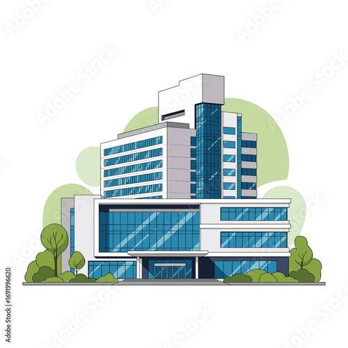 Modern office building design featuring sleek architecture and green landscaping elements