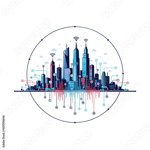 Futuristic smart city skyline with digital network connections and connectivity icons symbolizing urban technology advancement