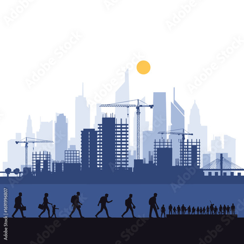 Silhouetted figures walk towards a modern city skyline with towering buildings under construction during a bright sunny day