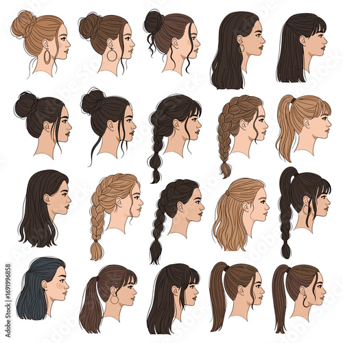 Collection of diverse female hairstyle illustrations showing profile views of various hairdos and lengths