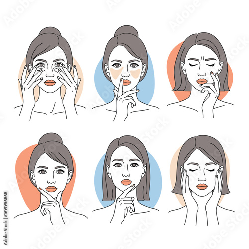 Six different women showing various facial expressions and emotions through hand gestures and body language