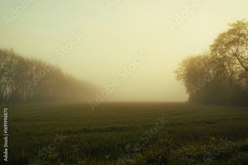 mystical field with trees and fog