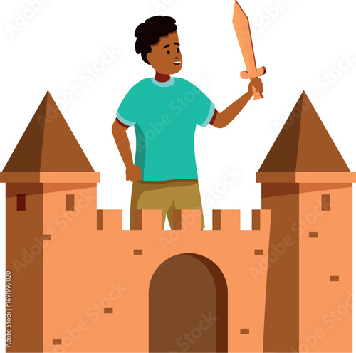 Child playing with toy sword and castle, enjoying imaginative playtime
