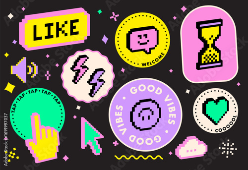 Y2k color stickers, labels, circle badges with retro gaming pixel elements of hourglass, heart, smiling face, text phrases - Welcome, Tap Tap, Cool. 8 bit style old school nostalgic vector elements
