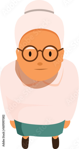 Senior woman with glasses and collected white hair, seen from above, conveying a sense of contemplation or expectation