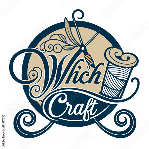 Design a vintage-style logo for a crafting brand called ‘Which Craft.’ Include hand-drawn elements like a spool of thread, sewing needle, crochet hook, and knitting needle, arranged in a creative comp