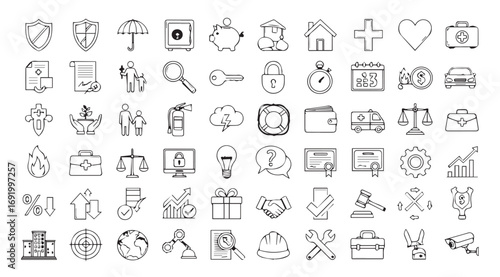 Collection of hand drawn business and finance icons in silhouette style