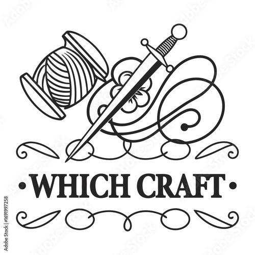 Design a vintage-style logo for a crafting brand called ‘Which Craft.’ Include hand-drawn elements like a spool of thread, sewing needle, crochet hook, and knitting needle, arranged in a creative comp