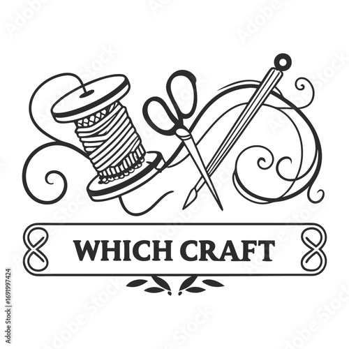 Design a vintage-style logo for a crafting brand called ‘Which Craft.’ Include hand-drawn elements like a spool of thread, sewing needle, crochet hook, and knitting needle, arranged in a creative comp