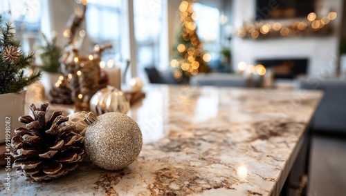 Festive Christmas decor on a kitchen counter. Blurred holiday interior in background