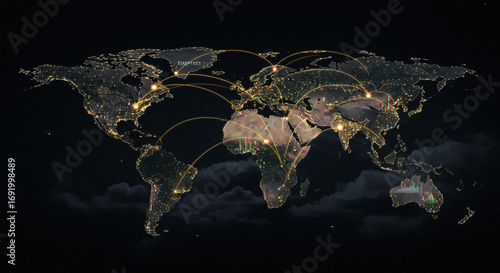A world map visualization with glowing connection lines between major financial centers. Stock charts emerging from key cities like New York, London, and Tokyo