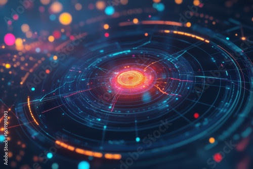 Wallpaper Mural Dynamic Digital Network: Futuristic Data Visualization with Concentric Circles and Bright, Vibrant Bokeh Effects. Torontodigital.ca