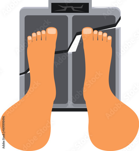 Bare feet standing on a broken weighing scale, symbolizing excessive weight and the need for weight management