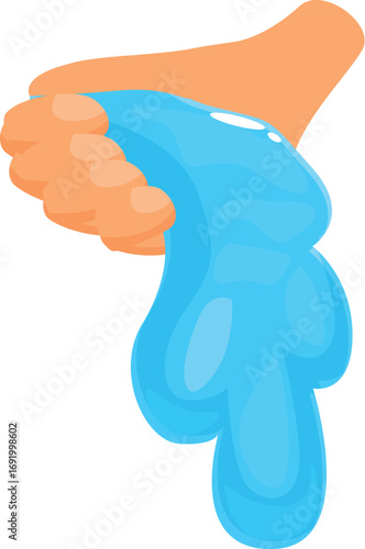 Hand holding and stretching blue slime, gooey substance dripping