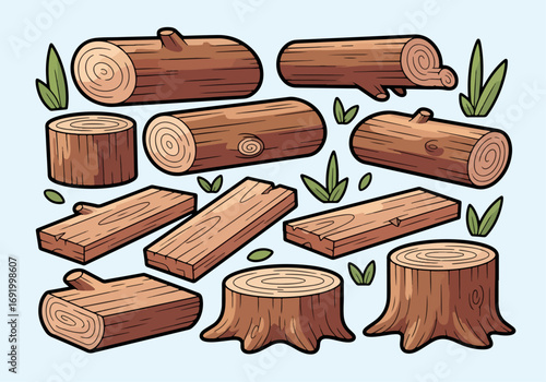 A stylized collection of cartoon wood elements, including chopped logs, sturdy tree stumps, and cut planks. Wood Element Vector.