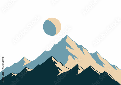 Minimalist vector of mountain peaks with moon in two colors, white background