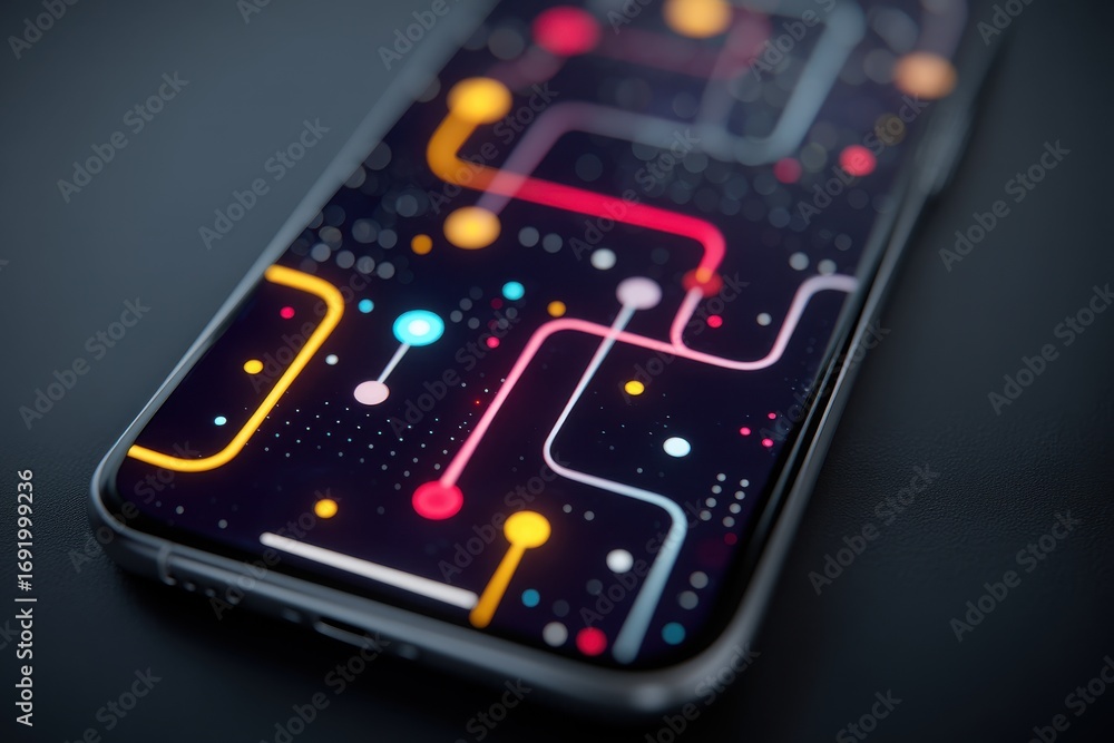 Fototapeta premium Colorful circuit-themed mobile wallpaper with glowing abstract neon patterns
