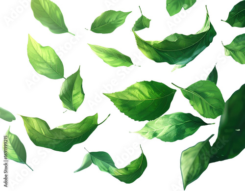 Green leaves gently flying isolated on clean background