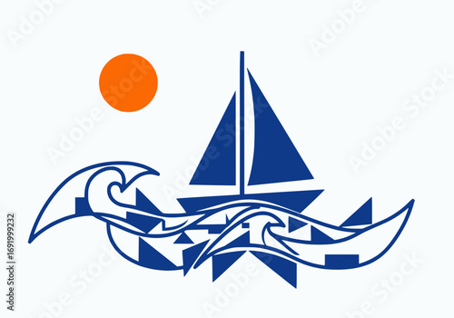 Two color vector of ship sailing in geometric waves, white background