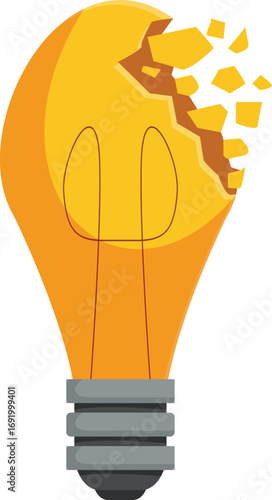 Shattered light bulb representing a sudden loss of inspiration, a creative block, or the failure of a project
