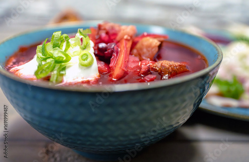 Photo of Ukrainian Borscht, with dried flowers. Ukrainian Borscht. Hohemada food
