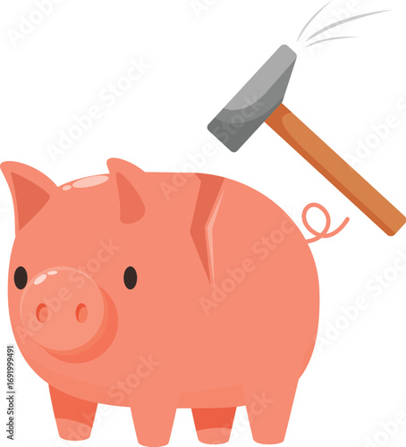 Piggy bank breaking with hammer representing spending savings, financial crisis, and economic hardship