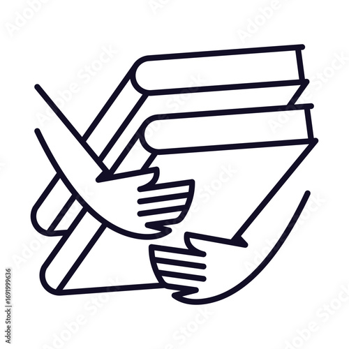 Hands carrying a stack of books. Vector illustration isolated outline icon, logo, clipart for knowledge for all.