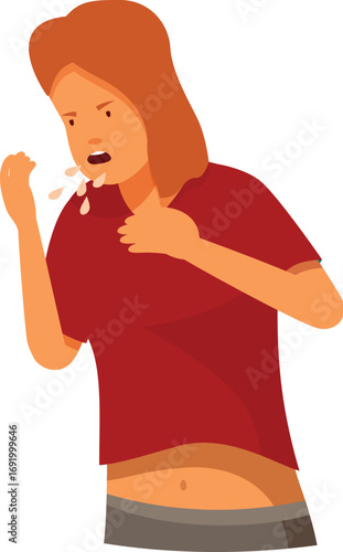 Woman coughing and holding her chest, suffering from cough, flu, coronavirus or allergies