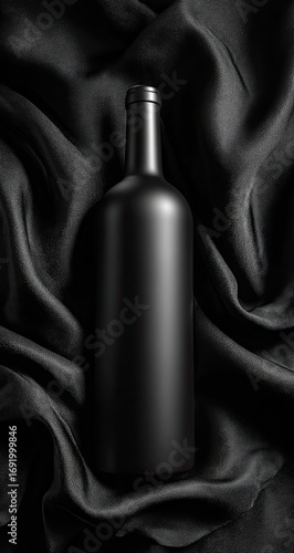 Dark bottle of wine on draped black fabric