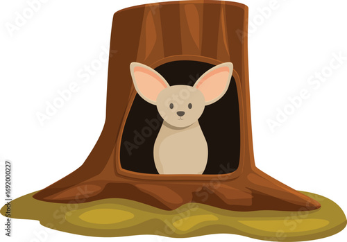 Cartoon fennec fox peering out from its cozy tree trunk home, showcasing a charming wildlife scene