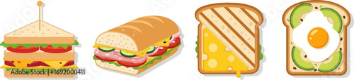 Delicious assortment of sandwiches and toasted bread creations ready to eat vector