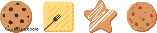 Four delicious cookies including chocolate chip star shaped and round varieties vector