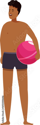 Young man holding inflatable ball, enjoying summer vacation at beach