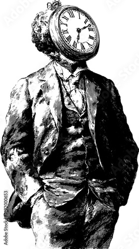 Vintage man in a suit with a clock as his head. Surreal black and white vector illustration with roman numerals and engraving style.