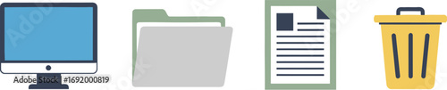 Computer icons desktop set monitor folder document trash can simple digital interface elements vector