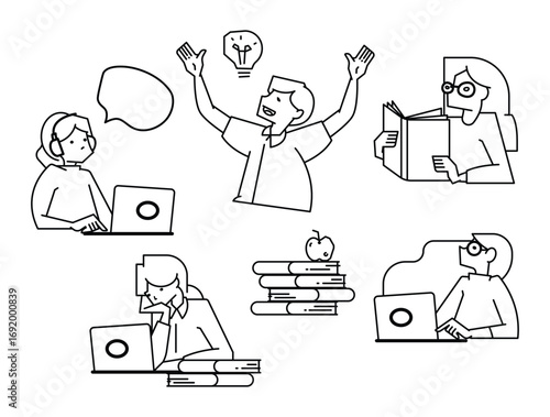 A set of people with laptops and books. Vector illustrations outline of students studying, working, and school concept isolated on a white background.