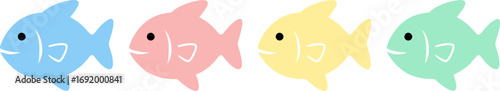 Four colorful cartoon fish swimming together in a line aquatic life simple design vector