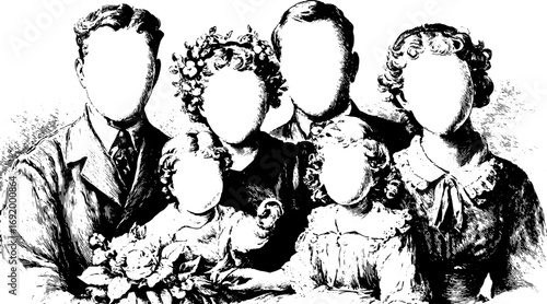 Family portrait set with blank faces in vintage style clothing and floral elements. Black and white vector illustration with isolated group composition.