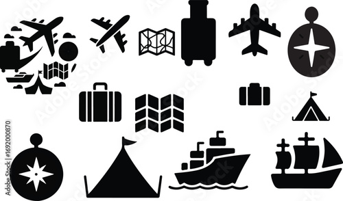 Journey Icons: A minimalist monochrome collection of travel-related icons, including airplane, suitcase, map, compass, ship and tent, ideal for versatile use in design projects.