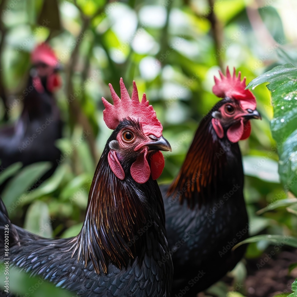 Fototapeta premium Three roosters in a lush garden setting. Close-up of their heads and upper bodies. Dark plumage, reddish combs. Blurred background of foliage