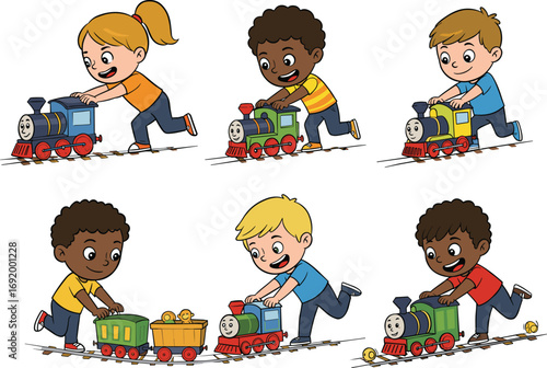 Children playing with toy trains cartoon set, kids, fun, colorful, locomotives, imagination, playtime, preschool, activity, learning, joy, movement