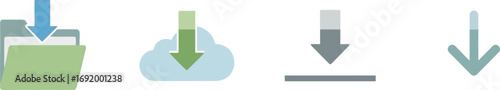 Collection of digital download icons featuring folder cloud and arrow symbols for data transfer vector
