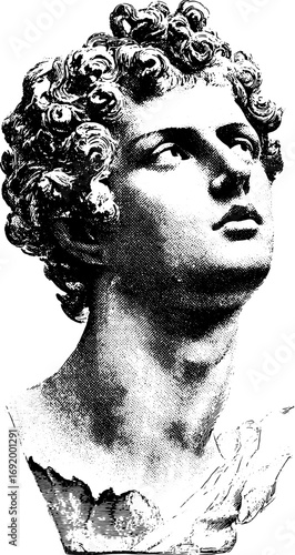 Antique classical male bust with curly hair. Black and white engraving style vector illustration.