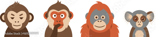 Four cute monkey faces with different expressions four different primate characters vector