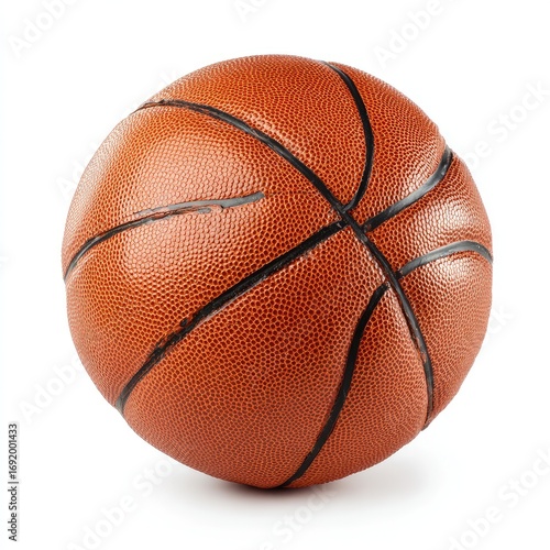 Orange basketball, leather surface, black lines, isolated on white