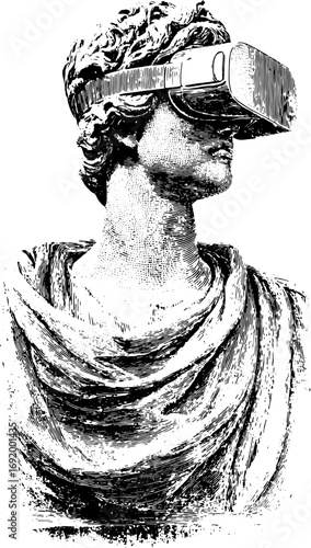 Classical statue bust wearing vr headset. Black and white engraving style with detailed lines. Modern technology in antique art, vector illustration.
