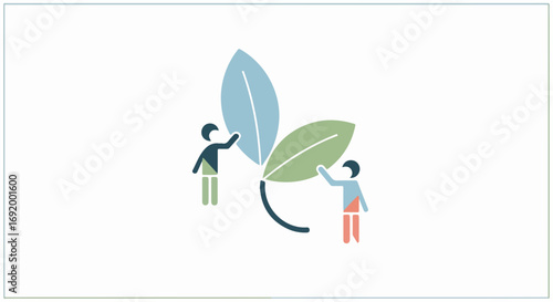 Minimalist vector illustration of two people nurturing a plant, a concept for teamwork, sustainability, and environmental growth