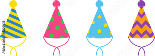 Four festive party hats with colorful patterns and pom-poms for celebrations vector