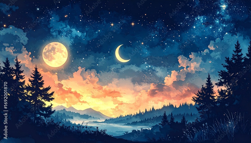 Naklejka premium Urban Night Scenery and Fantasy Night Skies