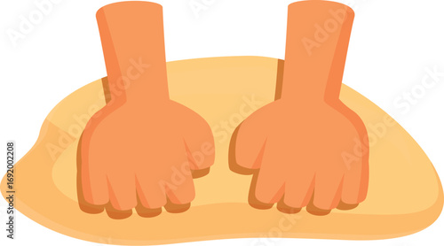 Cartoon hands kneading dough on a table, preparing to bake bread or cookies